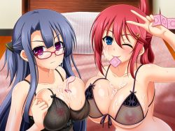 Rule 34 | 2girls, bare shoulders, bed, blue eyes, blue hair, blush, bra, breast press, breasts, cleavage, condom, condom in mouth, condom packet strip, condom wrapper, cum, cum on body, cum on breasts, cum on upper body, facial, folded ponytail, glasses, hair ornament, large breasts, long hair, looking at viewer, militia minpei, mouth hold, multiple girls, nail polish, nipples, one eye closed, original, ponytail, purple eyes, red-framed eyewear, red hair, see-through, smile, symmetrical docking, underwear, used condom, v, wink