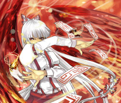 Rule 34 | 1girl, aki (mare desiderii), bow, female focus, fiery wings, fire, frown, fujiwara no mokou, glaring, hair bow, hair ribbon, long hair, multiple hair bows, ofuda, outstretched hand, red eyes, ribbon, silver hair, solo, suspenders, touhou, wings