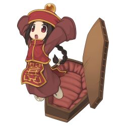 1girl black_hair braid braided_ponytail brown_dress chibi chibi_only coffin dress full_body gentouki gold_trim hat jiangshi jumping long_hair munak official_art open_mouth qingdai_guanmao ragnarok_online red_eyes red_hat red_vest round_eyewear shoes simple_background single_braid sleeves_past_fingers sleeves_past_wrists solo teeth transparent_background upper_teeth_only vest white_footwear yuichirou