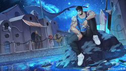 Rule 34 | 1boy, 1girl, absurdres, arm hair, arm tattoo, artist request, baimeme, bandaged leg, bandages, bara, bare arms, beard, black dog, blue headband, blue shirt, brucie (infighter821), character request, check artist, collarbone, cross, cross necklace, dungeon and fighter, facial hair, flying whale, full body, headband, highres, jewelry, leg belt, looking to the side, male focus, male priest (dungeon and fighter), mature male, mechanical sword, muscular, muscular male, necklace, night, night sky, nike (company), original, planted, planted sword, planted weapon, second-party source, shirt, shoes, short hair, sky, sleeveless, sleeveless shirt, sneakers, solo focus, star (sky), starry sky, sword, tattoo, weapon, whale