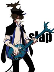 Rule 34 | 10s, 1boy, artist name, bad id, bad pixiv id, bass guitar, brown hair, colored sclera, english text, hat, instrument, kabutomoaki (show by rock!!), male focus, music, orange sclera, peaked cap, playing instrument, sameyama jiro, sanpaku, school uniform, show by rock!!, simple background, solo, straw (stalk)