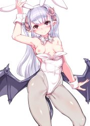 Rule 34 | 1girl, animal ears, armpits, blush, breasts, closed mouth, covered navel, cuff links, demon girl, demon tail, demon wings, detached collar, fake animal ears, female focus, harigane shinshi, highres, leotard, long hair, looking at viewer, nipples, original, pantyhose, playboy bunny, pointy ears, rabbit ears, red eyes, shiny clothes, simple background, small breasts, smile, solo, standing, tail, white background, wings