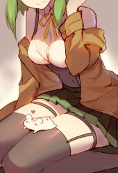 Rule 34 | 1girl, 1other, bad tag, bison cangshu, breasts, brown thighhighs, garter straps, green hair, lying, medium breasts, miniskirt, new orleans (warship girls r), sitting, sitting on person, skirt, smile, thighhighs, warship girls r