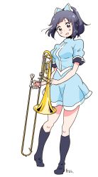 Rule 34 | 10s, 1girl, black eyes, black footwear, blue dress, blue hair, boots, bow, commentary request, dress, full body, hair bow, hibike! euphonium, instrument, instrument request, karaagetarou, knee boots, ponytail, sasaki azusa, simple background, solo, trombone, white background