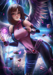Rule 34 | 1girl, angel wings, axsen, bodysuit, boku no hero academia, breasts, brown eyes, brown hair, commentary, covered navel, english commentary, heart, highres, light smile, lips, looking at viewer, medium breasts, nail polish, patreon username, red nails, short hair, signature, smile, solo, standing, uraraka ochako, wings