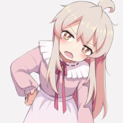 Rule 34 | 1girl, :o, ahoge, blush, brown eyes, commentary, fang, grey background, hand on own hip, highres, leaning to the side, long hair, long sleeves, looking at viewer, mooramango, neck ribbon, onii-chan wa oshimai!, open mouth, oyama mahiro, pink hair, pink shirt, puffy long sleeves, puffy sleeves, red ribbon, ribbon, shirt, sidelocks, simple background, skin fang, skirt, solo, white skirt