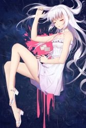 Rule 34 | 1girl, :o, arm up, bare arms, bare shoulders, closed eyes, collarbone, commentary request, dress, facing viewer, fingernails, full body, high heels, highres, ji dao ji, long hair, original, parted lips, rain, ripples, sandals, silver hair, sleeveless, sleeveless dress, solo, very long hair, white dress, white footwear
