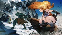 Rule 34 | 3girls, arm up, armor, backpack, bag, bandages, battle, black footwear, black gloves, blonde hair, blue coat, blurry, blurry foreground, breastplate, brown eyes, brown footwear, brown gloves, brown hair, burari, closed eyes, closed mouth, coat, colored skin, commission, dagger, dual wielding, fantasy, film grain, fingerless gloves, fur-trimmed hood, fur trim, glint, gloves, goblin, greaves, green coat, green skin, grey footwear, grey socks, hair between eyes, holding, holding club, holding weapon, hood, hood down, hood up, horns, kneeling, knife, long hair, multiple girls, no pupils, one eye closed, original, outdoors, planted, pointy ears, pouch, rock, scabbard, sheath, skeb commission, snow, socks, tongue, tongue out, torn, torn clothes, unsheathing, vambraces, weapon, winter clothes, yellow eyes