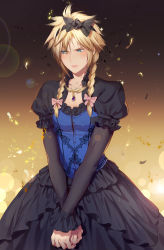 Rule 34 | 1boy, alternate costume, black background, blonde hair, blue dress, blue eyes, blush, bow, braid, cloud strife, collarbone, cowboy shot, crossdressing, dress, embarrassed, eyelashes, final fantasy, final fantasy vii, final fantasy vii remake, floral print, frilled dress, frills, gradient background, hair bow, highres, hmniao, jewelry, lens flare, long sleeves, looking away, male focus, medium hair, necklace, own hands together, photoshop (medium), puffy sleeves, sidelocks, smile, solo, sparkle, trap, twin braids, wall market, yellow background