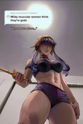 Rule 34 | 1girl, abs, black hair, clenched teeth, collar, earrings, gluteal fold, hair ornament, highres, holding, holding weapon, jewelry, knife, lipstick, long bangs, looking down, makeup, meme, mildly muscular women think they&#039;re gods (meme), muscular, muscular female, pants, purple pants, red eyes, short shorts, shorts, speech bubble, sportswear, spy x family, teeth, thick thighs, thighs, tiktok, weapon, yor briar, zephyrine-gale