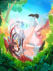 Rule 34 | 1girl, black footwear, blue sky, blunt bangs, blurry, brown eyes, brown hair, colorful, commentary, day, depth of field, detached sleeves, floral print, frilled skirt, frills, from side, gohei, grass, hair ribbon, hair tubes, hakurei reimu, highres, kneepits, landing, leg up, light particles, long hair, looking up, muireko, nature, outdoors, perspective, petals, profile, rainbow order, red shirt, red skirt, ribbon, ribbon-trimmed sleeves, ribbon trim, shirt, shoe dangle, shoes, skirt, sky, sleeveless, sleeveless shirt, smile, socks, solo, thighs, torii, touhou, tree, white socks, wide sleeves