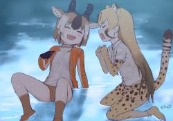 Rule 34 | 2girls, :d, animal ears, animal print, arm support, bare legs, blonde hair, brown hair, buruma, cheetah (kemono friends), cheetah ears, cheetah print, cheetah tail, commentary request, elbow gloves, extra ears, closed eyes, fang, furrowed brow, gloves, hand up, hands up, highres, horns, jacket, kemono friends, kemono friends 2, kneeling, knees up, laughing, leaning back, long hair, long sleeves, masuyama ryou, miniskirt, multicolored hair, multiple girls, open clothes, open jacket, open mouth, print gloves, print legwear, print skirt, pronghorn (kemono friends), shirt, shoes, short hair, short sleeves, sitting, skirt, smile, socks, tail, tearing up, thighhighs, two-tone hair, very long hair, water, wet, wet clothes, wet hair, wet shirt, white hair, zettai ryouiki, |d