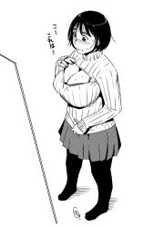 Rule 34 | 1girl, black hair, blush, breasts, cleavage, ganto, large breasts, meme attire, monochrome, open-chest sweater, short hair, simple background, sweater, thighhighs, turtleneck, white background