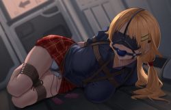 Rule 34 | 1girl, absurdres, ball gag, bdsm, blindfold, blonde hair, blue eyes, bondage, bound, bound arms, bound breasts, bound legs, bound torso, breasts, commission, gag, gagged, hachimiya meguru, hair ornament, hairclip, harris hero, highres, idolmaster, idolmaster shiny colors, kidnapped, large breasts, long hair, looking at viewer, lying, on side, panties, plaid, plaid skirt, pleated skirt, pussy juice, restrained, rope, saliva, saliva trail, saliva trail, second-party source, sex toy, shibari, skirt, solo, thighs, tied, underwear, vibrator, vibrator cord, white panties