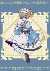 Rule 34 | 1girl, alice in wonderland, apron, armpit crease, blonde hair, blue background, blue dress, blue eyes, blue footwear, blue sleeves, breasts, brown dust 2, chinese clothes, clock hair ornament, cup, detached sleeves, double bun, dress, eyepatch, full body, glacia (brown dust), hair bun, highres, holding, holding cup, looking at viewer, medium breasts, open mouth, short hair, sideboob, sleeveless, sleeveless dress, smile, solo, striped clothes, striped thighhighs, teacup, thighhighs, tn scallion, two-tone dress, waist apron, white apron, white dress, white headdress, wide sleeves