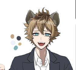 Rule 34 | 1boy, :d, aderu, animal ears, black jacket, blonde hair, blue eyes, collared shirt, color guide, fangs, grey eyes, hyena ears, jacket, looking at viewer, male focus, messy hair, open mouth, paw print, paw print background, ruggie bucchi, shirt, simple background, smile, solo, teeth, twisted wonderland, upper body, upper teeth only, white background, white shirt