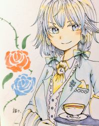 Rule 34 | 1girl, alternate costume, artist name, blue flower, blue rose, braid, breasts, butler, clock, closed mouth, cloth, collared shirt, commentary request, cup, eyelashes, female butler, floral print, flower, formal, grey eyes, hair ribbon, izayoi sakuya, jacket, looking at viewer, medium breasts, moromoro, one-hour drawing challenge, pocket, red flower, red rose, ribbon, rose, rose print, shirt, short hair, side braids, silver hair, smile, solo, suit jacket, tea, teacup, teapot, texture, thorns, touhou, traditional media, tray, twin braids, upper body, white shirt, yellow neckwear