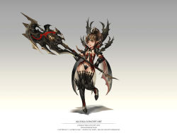 Rule 34 | 1girl, all kill, armor, art slow, axe, black thighhighs, boots, brown hair, concept art, copyright name, full body, gauntlets, gradient background, grey background, heterochromia, highres, holding, holding weapon, looking at viewer, midriff, panties, pointy ears, polearm, ponytail, shoulder armor, solo, standing, standing on one leg, thighhighs, tiara, underwear, watermark, weapon