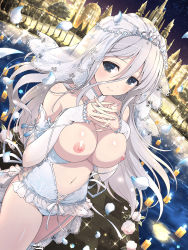Rule 34 | 1girl, breasts, breasts out, cleavage, gekkou (senran kagura), highres, jewelry, large breasts, long hair, looking at viewer, nipples, nude filter, own hands clasped, senran kagura, senran kagura new link, silver hair, smile, solo, third-party edit, veil, wedding lingerie