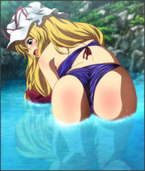 Rule 34 | 1girl, all fours, ass, bikini, blonde hair, blue bikini, blush, bow, brown eyes, day, embarrassed, female focus, forest, hair bow, hat, highres, huge ass, long hair, nature, open mouth, outdoors, partially submerged, plant, purple eyes, red bow, solo, swimsuit, touhou, tree, water, wedgie, wet, yadokari genpachirou, yakumo yukari