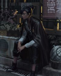 Rule 34 | absurdres, air conditioner, between fingers, black cape, black hair, black pants, black socks, brown footwear, cape, cigarette, closed mouth, day, flower, guweiz, hair bun, highres, holding, holding cigarette, long sleeves, looking away, original, outdoors, pants, pink flower, plant, potted plant, sandals, shirt, single hair bun, sitting, socks, solo, white shirt, zouri