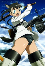 Rule 34 | 1girl, absurdres, animal ears, black hair, black one-piece swimsuit, blouse, blue sky, breasts, cloud, day, dog ears, drum magazine, eyepatch, gun, heavy machine gun, highres, holding, holding sword, holding weapon, katana, long hair, looking at viewer, machine gun, magazine (weapon), medium breasts, military, military uniform, no pants, official art, one-piece swimsuit, open mouth, outdoors, ponytail, sakamoto mio, school swimsuit, shimada fumikane, shiny clothes, shiny skin, shirt, sky, solo, strike witches, striker unit, swimsuit, swimsuit under clothes, sword, type 99 cannon, uniform, weapon, white shirt, world witches series