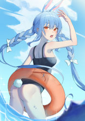 Rule 34 | 1girl, absurdres, animal ears, arm up, armpits, ass, blue hair, blue sky, blurry, bow, braid, cloud, cloudy sky, commentary request, depth of field, from behind, fuyoko, hair between eyes, hair bow, hair ribbon, head tilt, highres, hololive, horizon, in water, innertube, leaning forward, long hair, looking at viewer, looking back, low-tied long hair, low twintails, ocean, one-piece swimsuit, rabbit ears, rabbit girl, rabbit tail, red eyes, ribbon, sidelocks, sky, sleeveless, solo, summer, swim ring, swimsuit, tail, twin braids, twintails, usada pekora, virtual youtuber