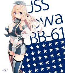 Rule 34 | 10s, 1girl, antenna hair, armpits, artist name, asymmetrical legwear, bare shoulders, belt, black ribbon, blonde hair, blue eyes, blue thighhighs, blush, breasts, buckle, character name, cleavage, closed mouth, clothes writing, collar, crop top, elbow gloves, flag print, front-tie top, garter straps, gloves, grey hat, hair between eyes, hand on own hip, hat, headgear, highres, iowa (kancolle), jewelry, kantai collection, large breasts, lips, looking at viewer, mismatched legwear, name connection, navel, neck ring, open clothes, open shirt, print thighhighs, red thighhighs, ribbon, shirt, signature, simple background, smile, solo, standing, star-shaped pupils, star (symbol), star print, stomach, striped clothes, striped thighhighs, symbol-shaped pupils, tebi (tbd11), thighhighs, tsurime, unbuttoned, underbust, uss iowa (bb-61), vertical-striped clothes, vertical-striped thighhighs, white background, white gloves, white thighhighs, wrist cuffs, zettai ryouiki