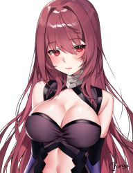 Rule 34 | 1girl, artist name, bad id, bad twitter id, bare shoulders, black gloves, blush, breasts, chungu, cleavage, cleavage cutout, clothing cutout, collar, cosplay, elbow gloves, fate/grand order, fate (series), gloves, large breasts, lips, long hair, looking at viewer, mash kyrielight, mash kyrielight (cosplay), navel cutout, purple hair, red eyes, scathach (fate), shiny skin, solo, transparent background, upper body, very long hair