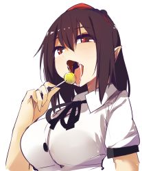 Rule 34 | 1girl, black hair, black ribbon, blush, breasts, buttons, candy, collared shirt, food, from below, hair between eyes, hat, holding, holding food, kamukamu (ars), large breasts, licking, lollipop, looking at viewer, looking down, open mouth, pointy ears, red eyes, red hat, ribbon, saliva, sexually suggestive, shameimaru aya, shirt, short hair, short sleeves, solo, sweets, tokin hat, tongue, tongue out, touhou, upper body, uvula, white shirt, wing collar
