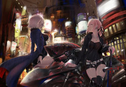 Rule 34 | 2girls, absurdres, ahoge, artoria pendragon (all), artoria pendragon (fate), belt, black camisole, black dress, black footwear, black jacket, black ribbon, black shorts, blue coat, boots, breasts, building, camisole, cityscape, coat, dress, fate/grand order, fate (series), fur-trimmed coat, fur-trimmed jacket, fur-trimmed sleeves, fur trim, hair ribbon, high heel boots, high heels, highres, huge filesize, jacket, jeanne d&#039;arc (fate), jeanne d&#039;arc alter (fate), jeanne d&#039;arc alter (ver. shinjuku 1999) (fate), jewelry, large breasts, long sleeves, low ponytail, motor vehicle, motorcycle, multiple girls, name1122, necklace, official alternate costume, ponytail, ribbon, saber alter, saber alter (ver. shinjuku 1999) (fate), short dress, short shorts, shorts, silver hair, white belt, wicked dragon witch ver. shinjuku 1999, yellow eyes