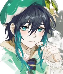 Rule 34 | 1boy, alternate hairstyle, androgynous, aqua eyes, aqua hair, beret, black hair, blouse, blush, cape, collar, collared cape, floral background, flower, fractalmagnolia, frilled sleeves, frills, genshin impact, gradient hair, green cape, green hat, hand in own hair, hat, hat flower, long sleeves, looking at viewer, male focus, multicolored hair, portrait, shirt, short hair with long locks, smile, solo, venti (genshin impact), white flower, white shirt