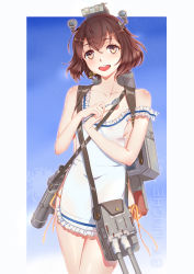 Rule 34 | 10s, 1girl, absurdres, apron, binoculars, brown eyes, brown hair, cowboy shot, headgear, highres, kantai collection, ling-he, md5 mismatch, naked apron, nearly naked apron, open mouth, ryoto, short hair, side-tie bottom, smile, solo, spoon, torpedo, turret, yukikaze (kancolle)