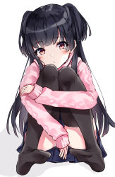 Rule 34 | 1girl, aran sweater, black hair, black thighhighs, blue skirt, blunt bangs, blush, brown eyes, cable knit, closed mouth, commentary request, full body, head tilt, highres, hugging own legs, idolmaster, idolmaster shiny colors, knees up, long hair, long sleeves, looking at viewer, mayuzumi fuyuko, minikon, no shoes, panties, pink sweater, pleated skirt, skirt, sleeves past wrists, soles, solo, sweater, thighhighs, two side up, underwear, very long hair, white panties