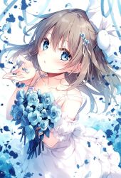 Rule 34 | 1girl, bare shoulders, blue eyes, blue flower, blue ribbon, blush, bouquet, bow, brown hair, collarbone, commentary request, copyright request, dress, fingernails, flower, frilled dress, frills, hair between eyes, hair bow, hair flower, hair ornament, hand up, long hair, looking at viewer, mochizuki shiina, hugging object, off-shoulder dress, off shoulder, parted lips, petals, puffy short sleeves, puffy sleeves, rabbit hair ornament, ribbon, short sleeves, solo, white bow, white dress