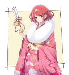 Rule 34 | 1girl, blush, border, closed mouth, costume request, highres, japanese clothes, kimono, looking at viewer, mochimochi (xseynao), nopon, obi, object request, pink kimono, pyra (xenoblade), red eyes, red hair, sash, short hair, smile, solo, swept bangs, white border, xenoblade chronicles (series), xenoblade chronicles 2
