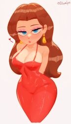 Rule 34 | 1girl, absurdres, arms behind back, artist name, bare shoulders, blue eyes, breasts, brown hair, brown outline, collarbone, cropped legs, donkey kong (1981 game), donkey kong (series), dress, earrings, eyelashes, eyeshadow, glint, gold earrings, heart, highres, jewelry, large breasts, lips, long hair, looking at viewer, makeup, mario (series), nintendo, outline, parted lips, pauline (mario), pink eyeshadow, red dress, red lips, simple background, sleeveless, sleeveless dress, solo, sparkle, thighs, tight clothes, tight dress, twitter username, white background, zexlynk