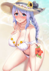 Rule 34 | 1girl, absurdres, beach, bikini, black bow, blue eyes, blush, bow, braid, breasts, cleavage, closed mouth, collarbone, commentary request, flower, hair between eyes, hair bow, hand on own chest, hat, hat bow, hat flower, highres, jewelry, large breasts, long hair, looking at viewer, mumistar, necklace, outdoors, princess connect!, purple hair, red flower, sand, shizuru (princess connect!), shizuru (summer) (princess connect!), smile, solo, sunflower, sweat, swimsuit, tongue, twin braids, water, white bikini
