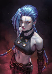 Rule 34 | 1girl, absurdres, arcane: league of legends, arcane jinx, bare shoulders, belt, blue eyes, blue hair, braid, breasts, collarbone, cowboy shot, highres, jerry loh, jinx (league of legends), league of legends, long hair, looking at viewer, midriff, navel, shadow, small breasts, solo, sparks, tattoo, twin braids, very long hair