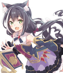 Rule 34 | 1girl, :d, animal ear fluff, animal ears, bare shoulders, black hair, black sleeves, blush, book, boshi (a-ieba), breasts, cat ears, cat girl, cat tail, commentary request, detached sleeves, fang, frilled skirt, frills, green eyes, hair between eyes, highres, karyl (princess connect!), long hair, long sleeves, looking at viewer, low twintails, multicolored hair, open book, open mouth, princess connect!, purple skirt, shirt, simple background, skirt, sleeveless, sleeveless shirt, small breasts, smile, solo, streaked hair, tail, tail raised, twintails, very long hair, white background, white hair, white shirt, wide sleeves