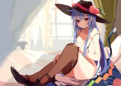 Rule 34 | 1girl, ass, bare arms, bare shoulders, bed, black footwear, black headwear, blue hair, blue skirt, blush, bra, breasts, brown pantyhose, cat tail, clothes pull, unworn clothes, collarbone, commentary request, curtains, feet out of frame, food, fruit, highres, hinanawi tenshi, indoors, kemonomimi mode, knees up, large breasts, leaf, long hair, pantyhose, pantyhose pull, peach, red eyes, removed, revision, shoes, sidelocks, sitting, skirt, solo, strap slip, tail, tetsurou (fe+), thick thighs, thighs, touhou, underwear, very long hair, white bra, window