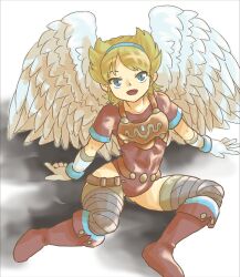 Rule 34 | 1girl, angel wings, armlet, armor, blonde hair, blue eyes, boots, breath of fire, breath of fire i, commentary request, feathered wings, full body, hairband, knee boots, leotard, looking at viewer, nina (breath of fire i), open mouth, red leotard, short hair, sicky (pit-bull), smile, solo, thighhighs, white wings, wings