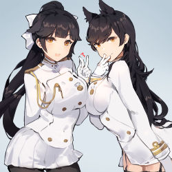 Rule 34 | 2girls, ^^^, aiguillette, animal ears, atago (azur lane), azur lane, black hair, black legwear, blush, bow, breasts, buttons, closed mouth, commentary request, double-breasted, garter straps, gloves, gradient background, hair bow, hand up, kishiyo, large breasts, long hair, medium breasts, military, military uniform, miniskirt, multiple girls, open mouth, pantyhose, ponytail, revision, sidelocks, skirt, smile, swept bangs, takao (azur lane), thighhighs, uniform, v, wavy hair, white bow, white gloves, white skirt