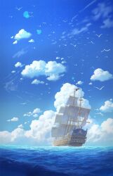 Rule 34 | bird, blue sky, cloud, commentary, cyclecircle, day, english commentary, flag, highres, horizon, no humans, ocean, original, outdoors, sail, scenery, ship, sky, sunlight, water, watercraft, wide shot