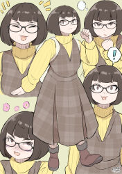 Rule 34 | !, 1girl, :d, animal crossing, backpack, bag, black-framed eyewear, blunt bangs, blush, bob cut, boots, brown dress, brown eyes, brown footwear, brown hair, clenched hand, closed eyes, dated, dress, flower, glasses, hadashi no kenji, hand up, highres, multiple views, nintendo, open mouth, smile, solo, spoken exclamation mark, standing, sweater, thought bubble, turtleneck, turtleneck sweater, villager (animal crossing), yellow sweater