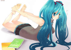 Rule 34 | 1girl, :t, arched back, bad id, bad pixiv id, barefoot, blue eyes, blue hair, book, duca, feet, hands on feet, hatsune miku, holding own foot, long hair, matching hair/eyes, plantar flexion, skirt, solo, stretching, trembling, twintails, vocaloid, yoga