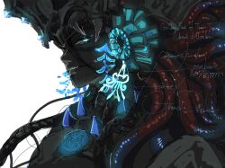 Rule 34 | 1boy, black hair, blue eyes, braid, camazotz (fate), copyright name, facial tattoo, fate/grand order, fate (series), glowing, glowing eyes, grin, hair between eyes, headdress, highres, jewelry, long hair, looking at viewer, male focus, multiple braids, necklace, simple background, smile, solo, tattoo, upper body, wacya-sowki, white background