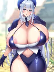 Rule 34 | 1girl, areola slip, artist name, blue dress, blue eyes, blurry, blurry background, blush, breasts, cleavage, clothing cutout, curvy, dirt, dot nose, dress, elf, female focus, gigantic breasts, gloves, grey hair, ground shatter, hair between eyes, hat, house, kisuke i, large areolae, leg cutout, long hair, looking at viewer, navel, navel cutout, necktie, outdoors, pointy ears, shiny clothes, shiny skin, short necktie, skindentation, smile, solo, standing, thick thighs, thighs, wide hips
