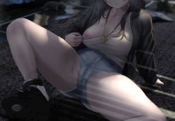 Rule 34 | 1girl, arm support, black footwear, black hair, black jacket, breasts, clothes pull, denim, denim shorts, head out of frame, highres, jacket, long hair, long sleeves, medium breasts, necktie, nipples, on floor, one breast out, original, parted lips, shiroiruka, shirt, shirt pull, shoes, short shorts, shorts, sitting, sneakers, solo, spread legs, thick thighs, thighs, unfinished