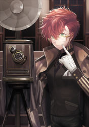 Rule 34 | 1boy, bad id, bad pixiv id, bellows camera, camera, carchet, coat, forced smile, formal, glasses, gloves, green eyes, jacket, jacket on shoulders, looking at viewer, male focus, necktie, original, red hair, solo, teeth, vest, white gloves